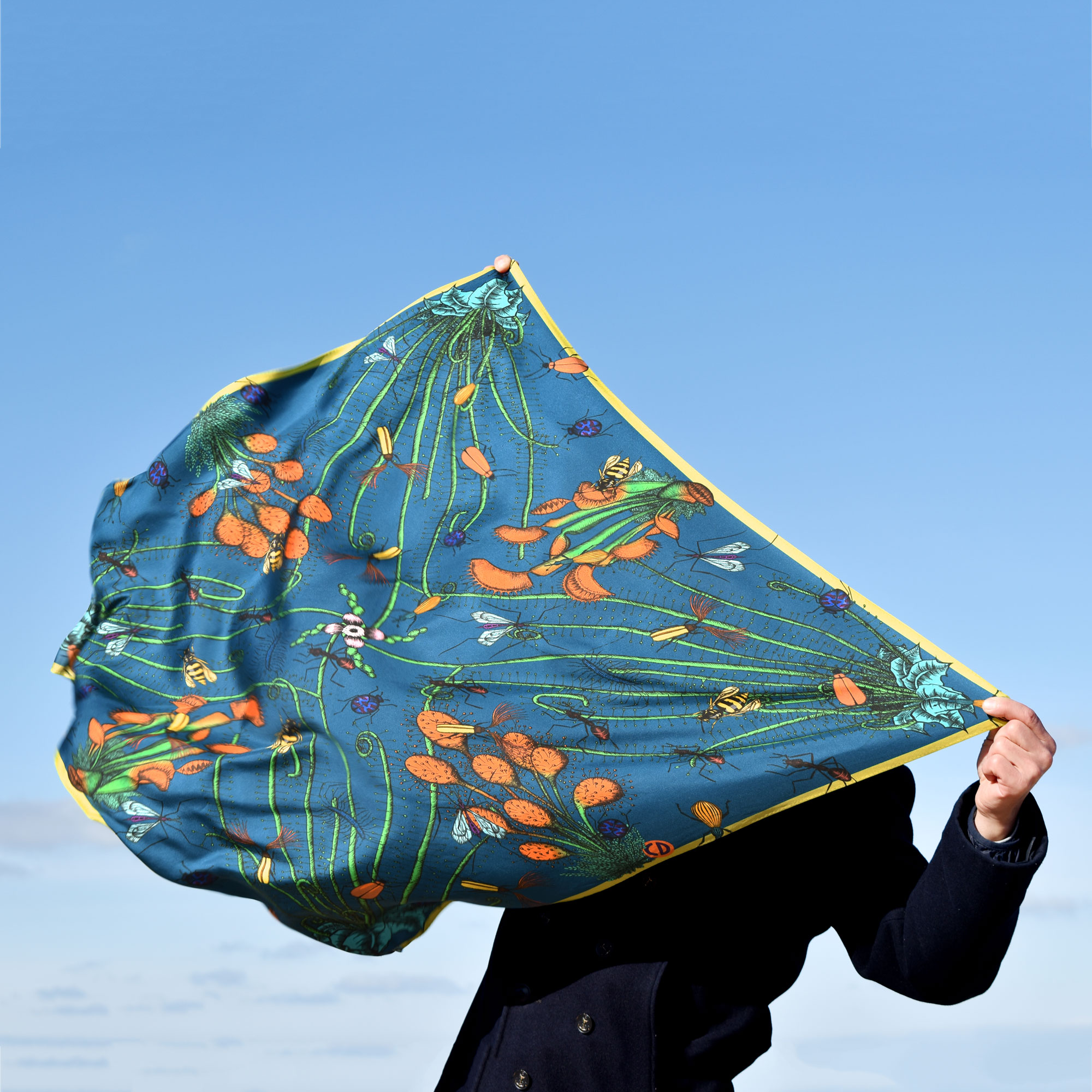 Homme caché par un grand foulard bleu motif insectes et plantes carnivores qu'il tient devant lui, dans le vent