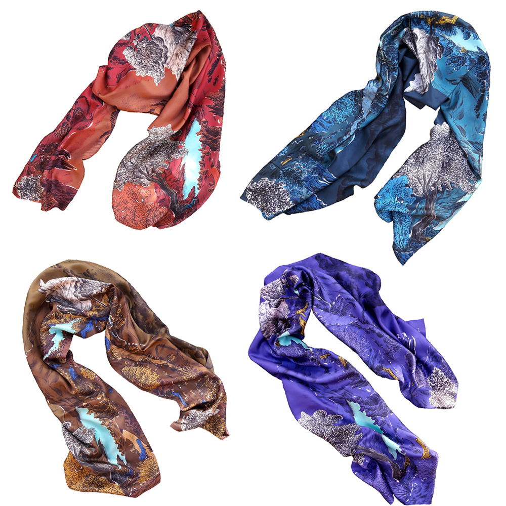 4 coloris (rouge bleu caramel et violet) foulards en soie monochromes collection Dormeurs - Céline Dominiak