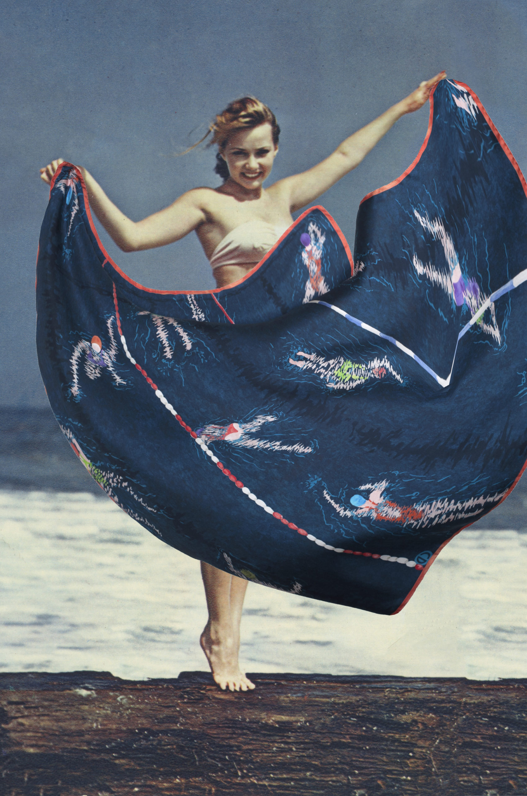 Carré de soie couleur ardoise, motif piscine et nageuses, collage pin-up années 50