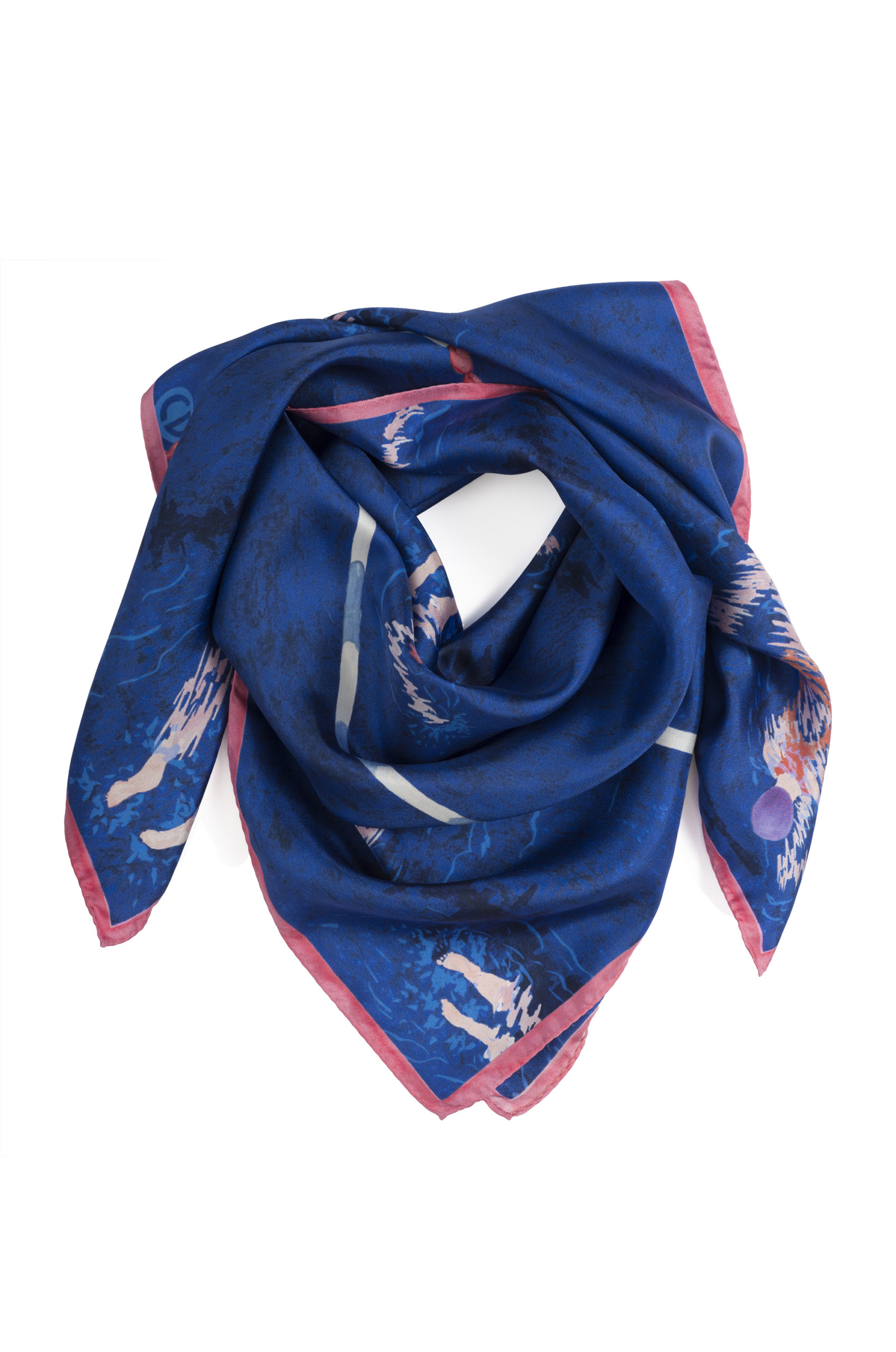 Foulard carré en soie bleu, motif nageuses
