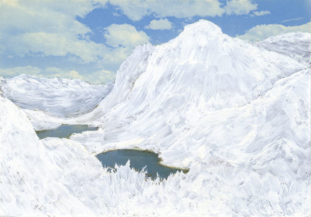 CALMES BLANCS :  série de paysages de lacs et de montagnes ( intervention à la gouache sur cartes postales)