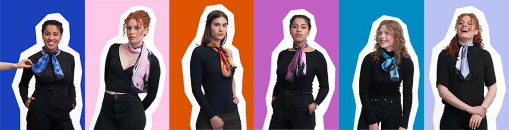 Panoramique de 6 jeunes filles sur fonds de couleur vives, portant chacune un petit foulard en soie autour du cou
