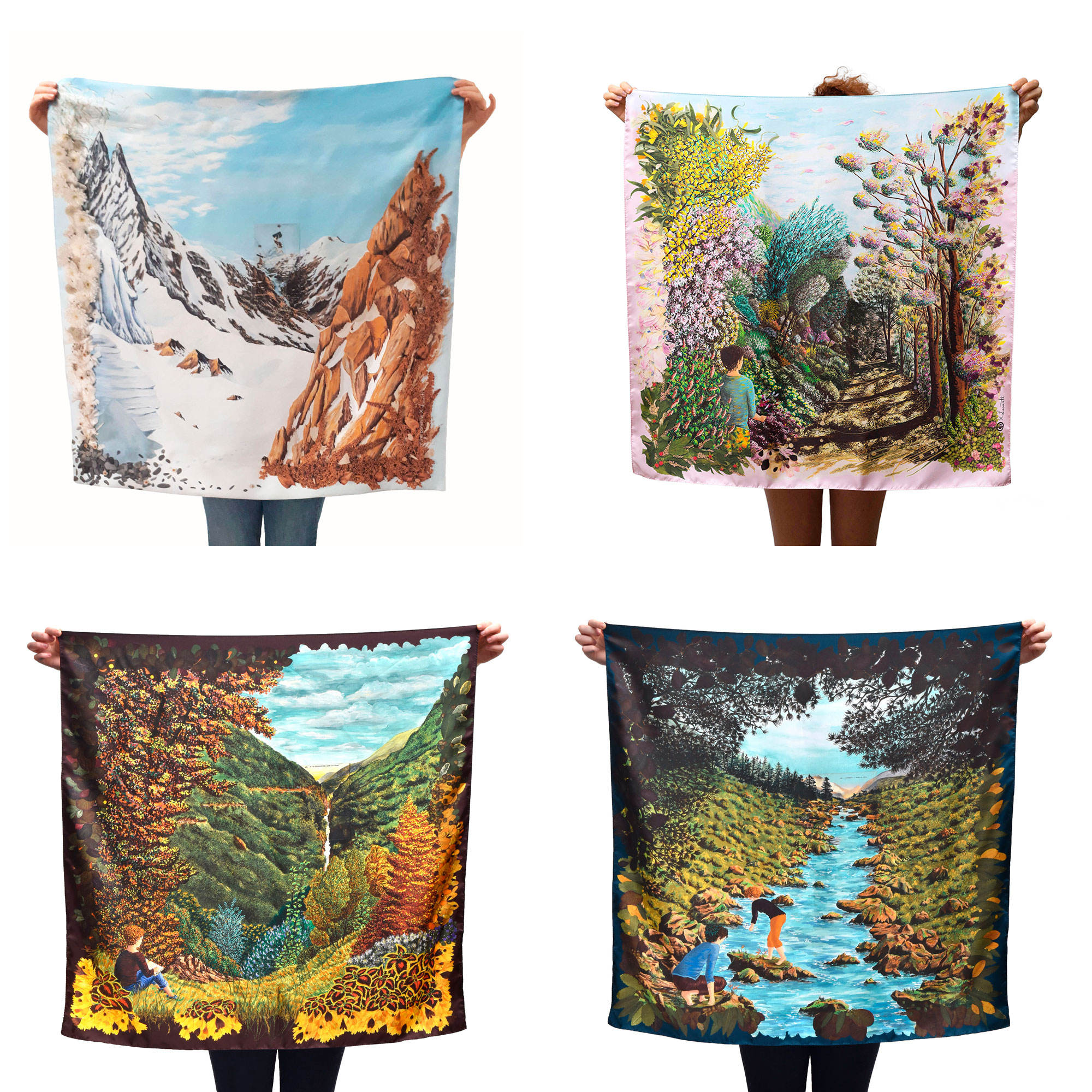 Quatre foulards en soie représentant des paysages de Céline Dominiak