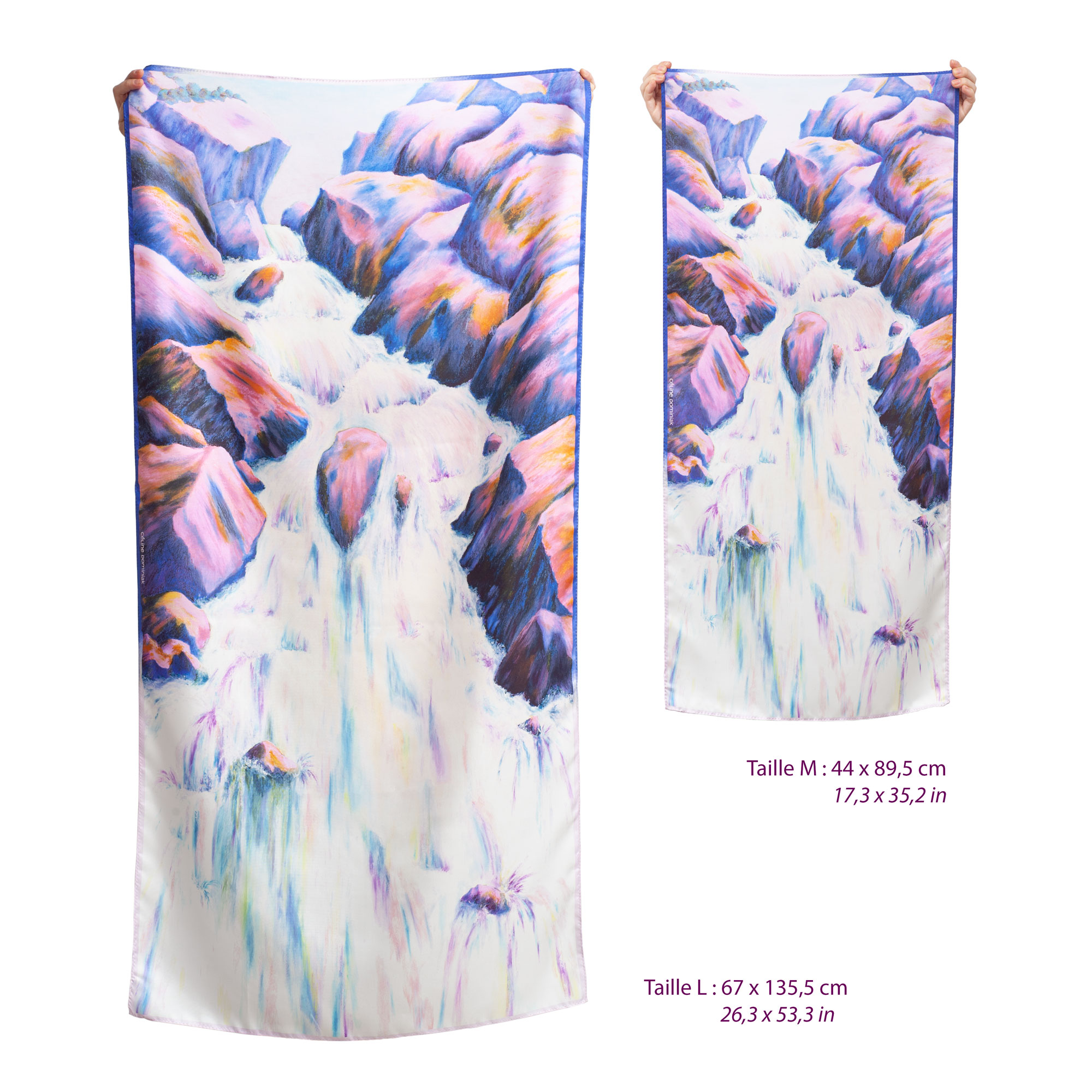 Deux tailles du foulard en soie motif Cascade coloris Magenta (rose et violet)