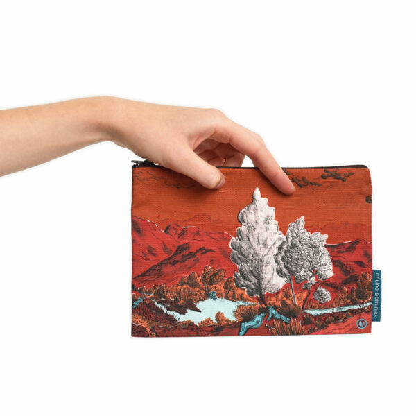 Pochette à zip en tissu avec paysage montagne rouge brique