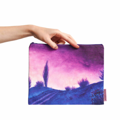 Pochette à zip dessin paysage bleu et violet en coton et lin - Crépuscule – Image 5