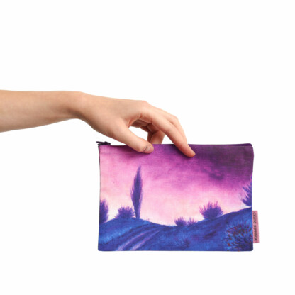 Pochette à zip dessin paysage bleu et violet en coton et lin - Crépuscule – Image 3