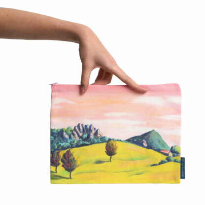 Pochette à zip dessin paysage rose et jaune en coton et lin - Rochette – Image 5