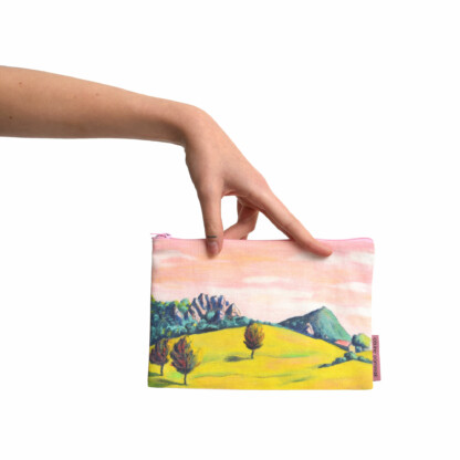 Pochette à zip dessin paysage rose et jaune en coton et lin - Rochette – Image 3