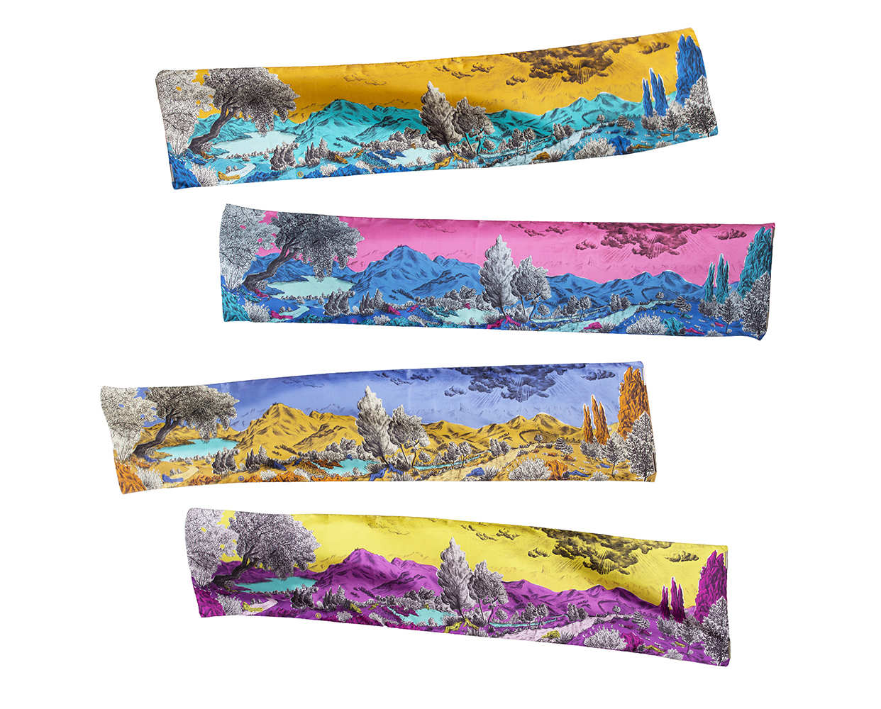 4 foulards écharpe en soie bicolores avec motif de paysage - collection Dormeurs - design Céline Dominiak